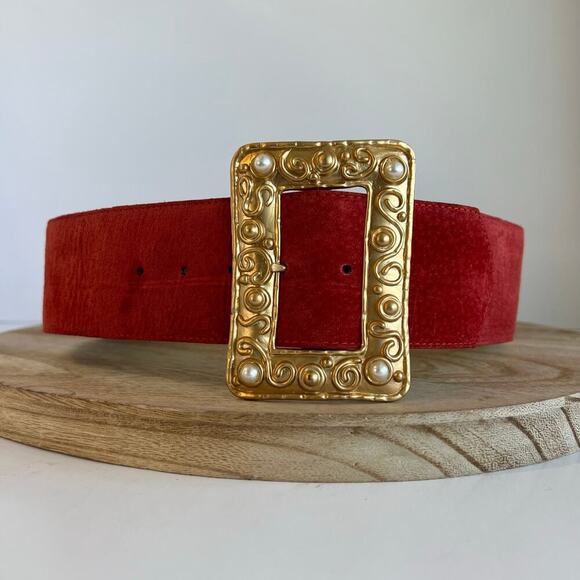 Vintage 90s Red Suede Genuine Leather Wide Pearl & Gold Buckle Belt Size Small - Picture 1 of 13